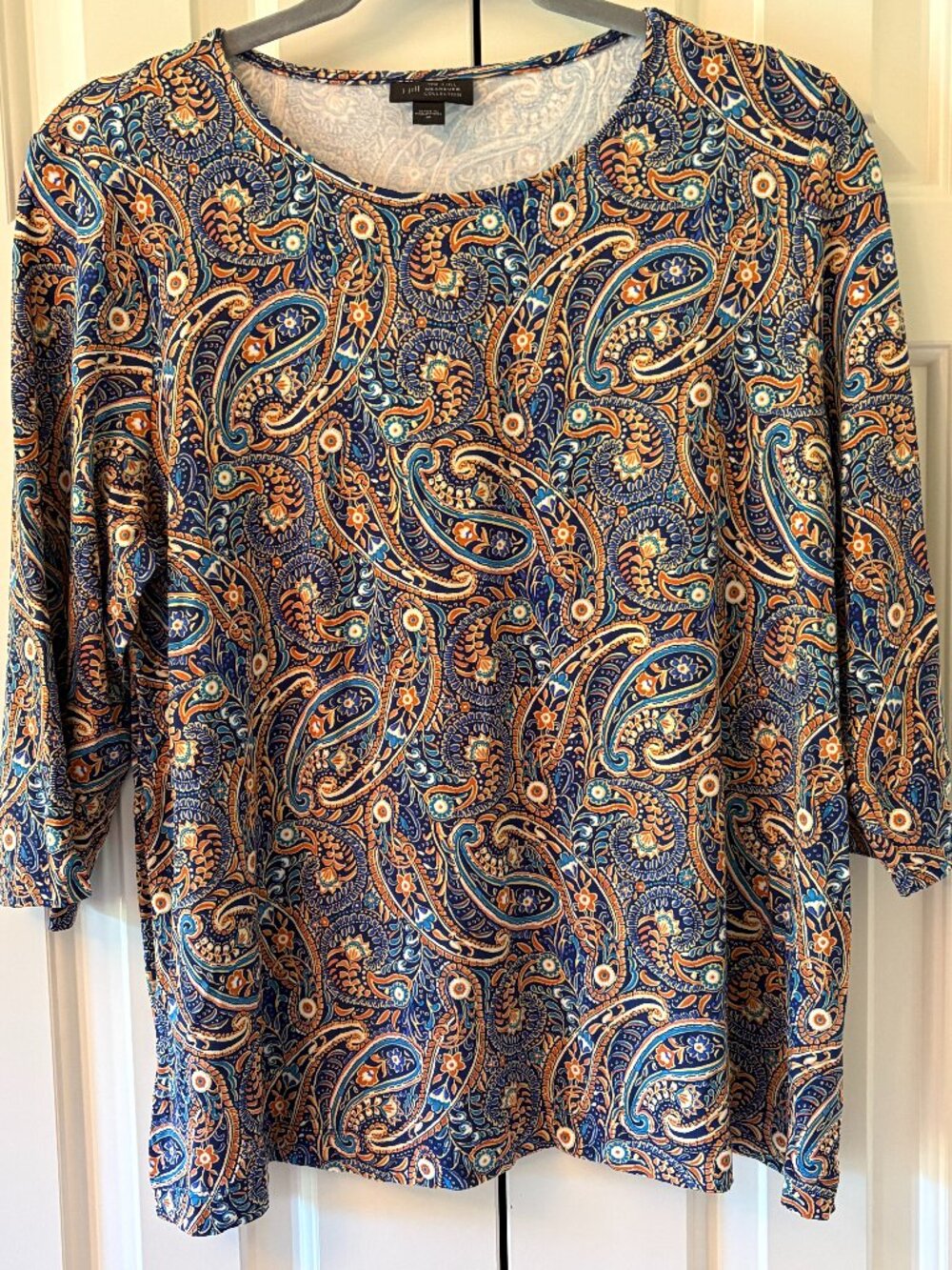 J. Jill  Wearever Collection Blue & Orange Paisley Top 3/4 Sleeves Sz M